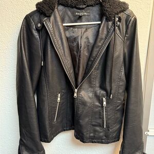 Baccini Women's Black Leather Jacket with Fur Collar